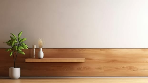 3D interior rendering of a built-in wooden shelving on a wooden wall and potted plant in living room. The room is empty and has a lot of natural light.