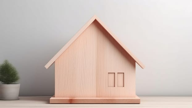 3D Rendering of a wooden model of a house on a wooden base, suggesting the potential for creativity and imagination in art.