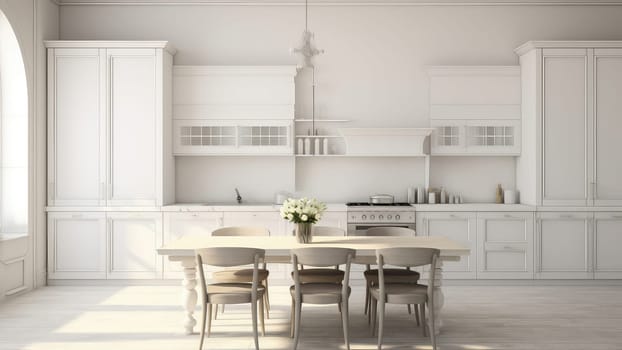 3D rendering of a dining room table set with wooden chairs. The room is decorated in a neutral color scheme, creating a sense of serenity.