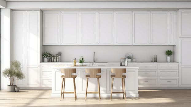 3D rendering of a bright and airy kitchen with white cabinets and wooden stools. The cabinets are made of white wood and have a modern design.