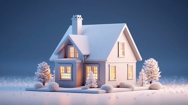 3D rendering of a white snow house is nestled among trees in a winter wonderland. The trees are covered in snow, creating a magical and wintery scene.