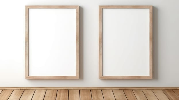 3D rendering of two empty gallery borders hang on a wall. The empty borders are simple and uncluttered, made of wood with a smooth finish. The wall is painted white, providing a clean and neutral backdrop for the borders.