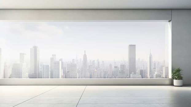 3D rendering of a hall room with a large window overlooking a cityscape. The hall room is spacious and comfortable space.