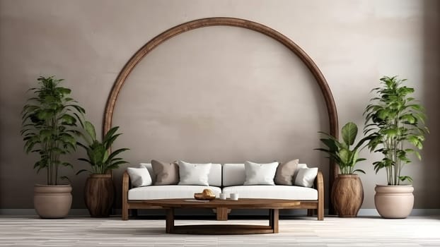 3D rendering of a cozy living room with a comfortable sofa, potted plants, and the wooden arc on wall. The room is decorated with warm colors and textures, creating a sense of warmth and relaxation.