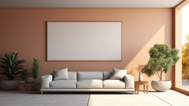 3D rendering of a living room with a couch, potted plants, and a picture border on the wall. The picture border is gold, and it contains a blank space on it.