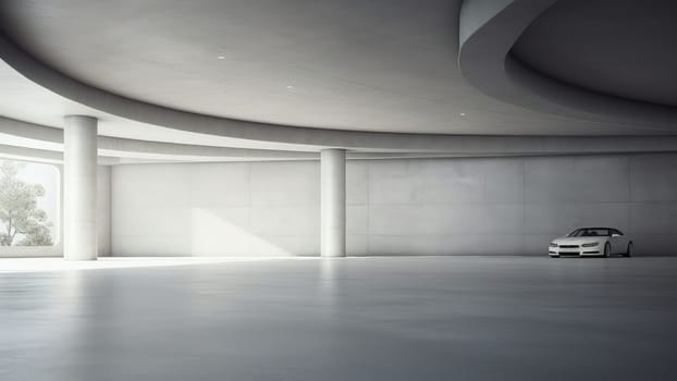 3D rendering of a white car is parked in concrete garage. The car is clean and well-maintained. Ceiling of garage decorated with a circular concrete.