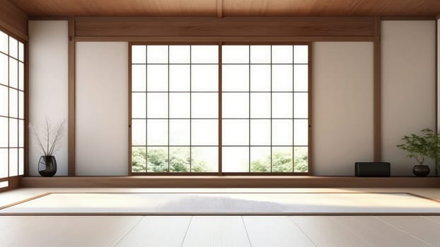 3D rendering of a beautiful traditional Japanese living room. The green garden is fresh with a variety of plants view background.