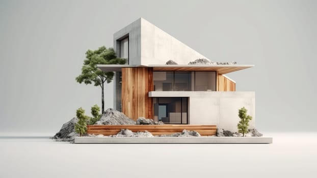 3D rendering of a model of a modern house with a wooden facade and a shed roof. The house is surrounded by trees and rocks, which create a sense of peace and tranquility.