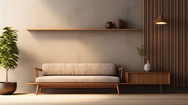 3D rendering of a living room with a couch, wall shelves, and a potted plant. A living room filled with furniture and a corrugated wood wall.