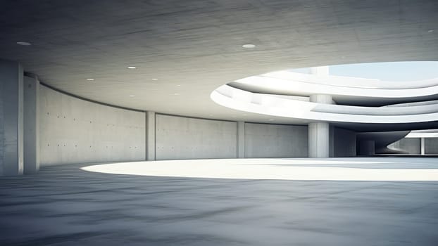 3D rendering of an empty concrete hallway with a blank hole circular ceiling. The hallway is well-lit with natural lights.