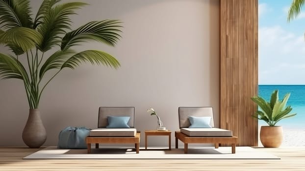 3D rendering of a couple of chairs sitting next to each other on a patio with sea view. The chairs are made of wood and have a comfortable seat.