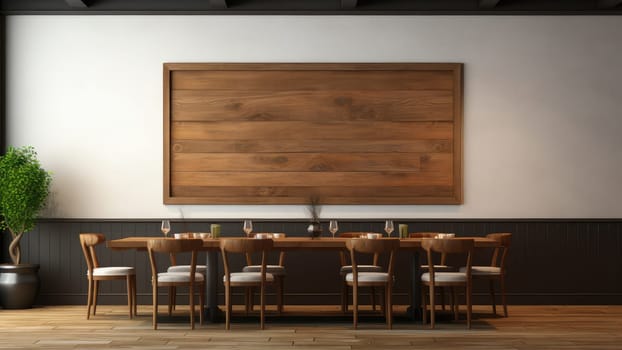 A 3D rendering of a dining room with a wooden table and chairs. The chairs are upholstered in a light-colored fabric. The room is well-lit and has a warm and inviting atmosphere.