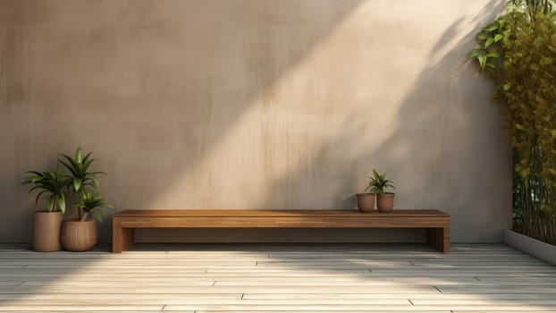 A 3D rendering of a wooden bench sitting on top of a wooden floor next to a wall, with potted plants on the bench.