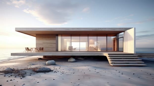 A 3D rendering of a modern house with outdoor concrete staircase on a beach. The house has a large window that overlooks the ocean.