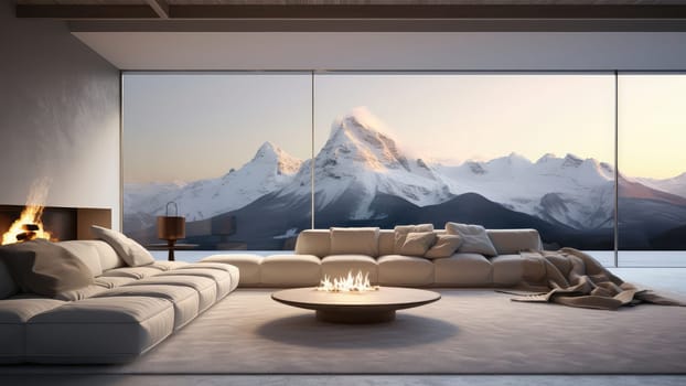 3D rendering of a spacious living room with comfortable furniture, fireplace and a snow mountain view. The mountains are snow-capped and majestic, providing a stunning backdrop.