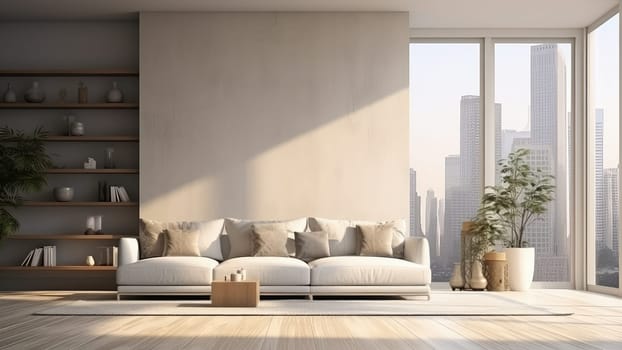 3D rendering of a living room with a couch and a city view from window. The couch is white and has pillows on it.