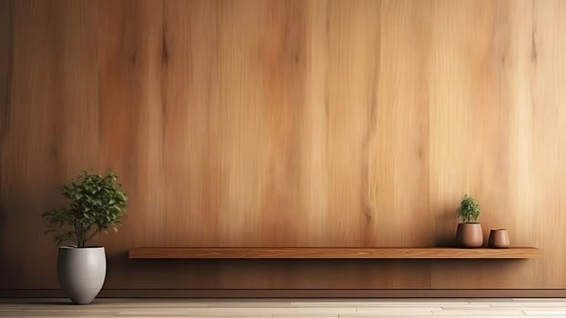 A wooden wall with a shelf and potted plants on it. The wall is made of dark wood and has a smooth finish.