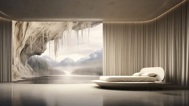 3D rendering of a bedroom with a large window overlooking a tree ivy, shrub, lake and mountain scenery. The room is spacious, peaceful, relaxing retreat and and a plenty of natural light.