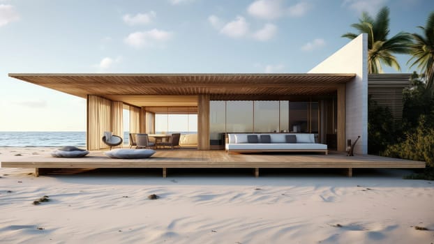 3D rendering of a small house on a beach. The house is surrounded by palm trees. The ocean is visible in the distance.