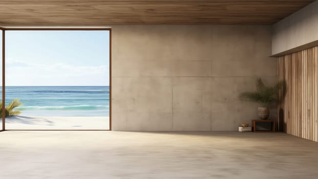 3D rendering of an empty room with a large window overlooking the ocean and a palm tree. The room is spacious and has plenty of natural light.