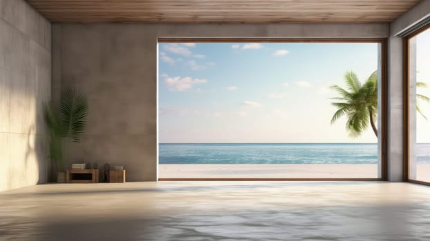 3D rendering of an empty room with a large window overlooking the ocean and a palm tree. The room is spacious and has plenty of natural light.