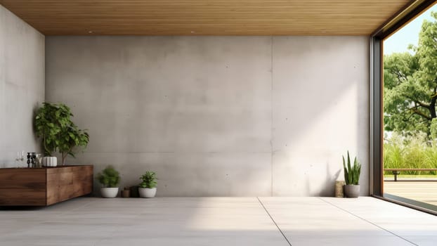 A living room with potted plants and a large window. The room is empty and has a lot of natural light.