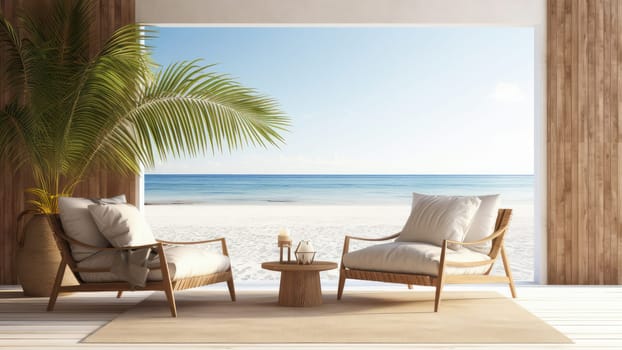 3D rendering of two beach chairs and a table with sea view background. The beach is sandy and the ocean is turquoise. The sky is clear and there are a few clouds.