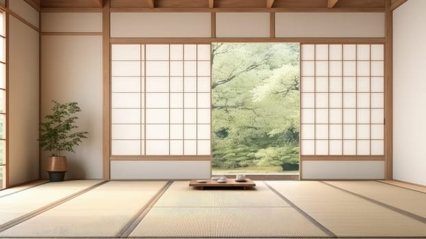 3D rendering of a living room with sliding doors and Japanese tea table. The doors are made of wood and have a simple design.
