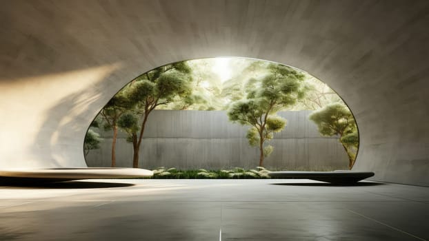 3D rendering of a tree setting in the middle of a concrete building. The tree provides a sense of life and vitality in the midst of the concrete and steel.