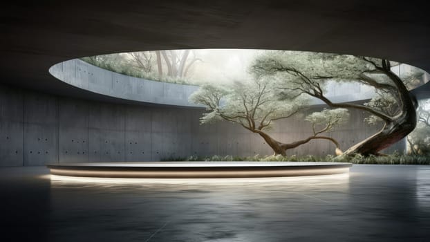 3D rendering of a tree setting in the middle of a concrete building. The tree provides a sense of life and vitality in the midst of the concrete and steel.