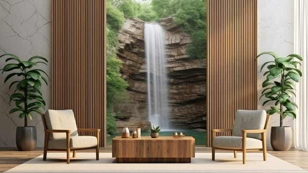 A 3D rendering of a living room with a waterfall forest background. The living room is spacious and has a lot of natural light.