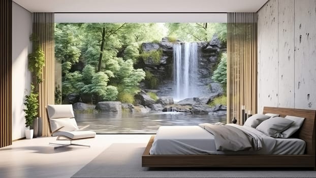 3D rendering of a bedroom with a waterfall. The waterfall is flowing down a rock face, creating a sense of tranquility and peace.