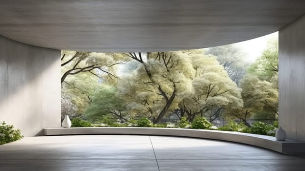 A 3D rendering of a room with a large window overlooking a forest. The room is spacious and has a lot of natural light.