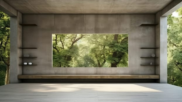 A 3D rendering of a room with a large window overlooking a forest. The room is spacious and has a lot of natural light.