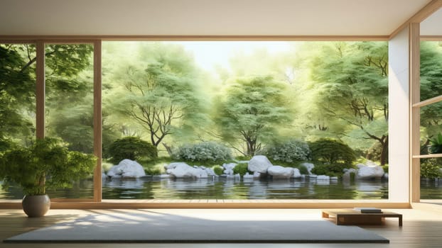 3D Rendering of a room with a large window overlooking a pond. The room is bright and airy, with plenty of natural light. The pond is calm and serene, with trees reflected in the water.