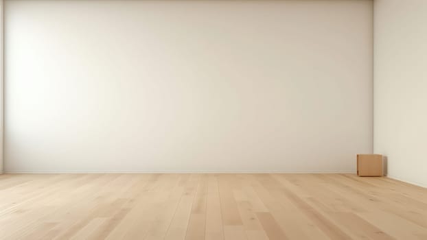 3D Rendering of the empty room with white walls and a box on wooden floor. The room is simple and uncluttered, and it creates a sense of peace and tranquility.