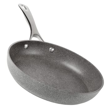 Frying pan with non-stick coating on a white isolated background. New gray frying pan, clipart for inserting into a design or project. Overlay for kitchen theme. Side view