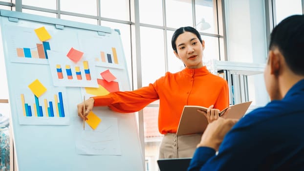 Young woman explains business data on white board in casual office room . The confident Asian businesswoman reports information progress of a business project to partner to determine strategy . Jivy