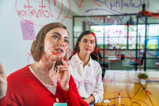 Creative business team brainstorming and sharing marketing idea about start up project by writing down on colorful sticky note at glass board modern meeting room. Working together. Immaculate.