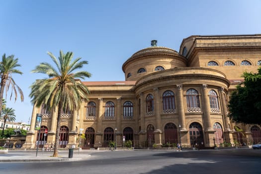 Palermo, Italy - July 22, 2023: Exterior view of the famous Teatro Massimo in the historic city centre.