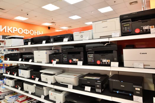 Moscow, Russia - Oct 19. 2023. Robot vacuums and and others in the DNS network store selling household appliances in Zelenograd
