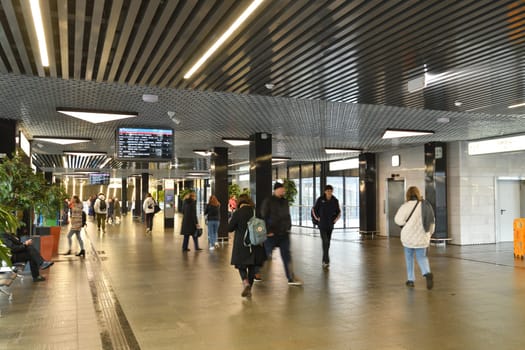 Moscow, Russia - Nov 1. 2023. Interior Zelenograd-Kryukovo station D3 of the surface metro diameter