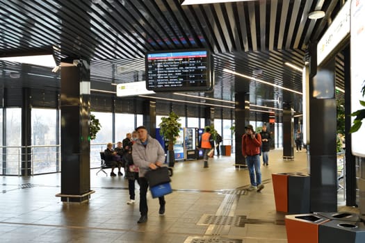 Moscow, Russia - Nov 1. 2023. Interior Zelenograd-Kryukovo station D3 of the surface metro diameter