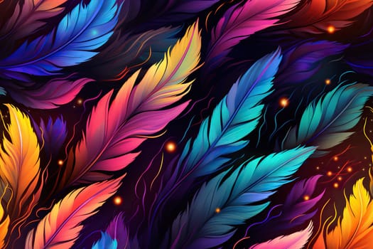 Colorful feathers, firebird feather pattern. Bright background.