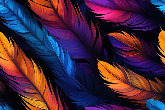 Colorful feathers, firebird feather pattern. Bright background.