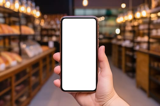 Mockup of Smartphone with White Screen in Male Hands in Cozy Coffee Shop or Boutique: Ideal for Promotion or App Advertising
