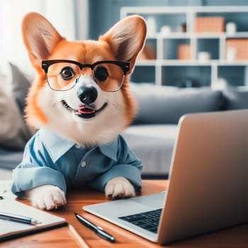 Cute corgi dog looking into computer laptop working in glasses and shirt.