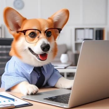 Cute corgi dog looking into computer laptop working in glasses and shirt.