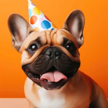 a French bulldog puppy in a birthday hat sits on a white background. the concept of funny adorable pets.