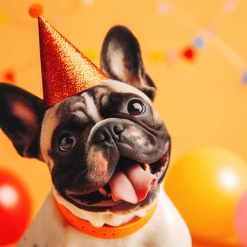 a French bulldog puppy in a birthday hat sits on a white background. the concept of funny adorable pets.